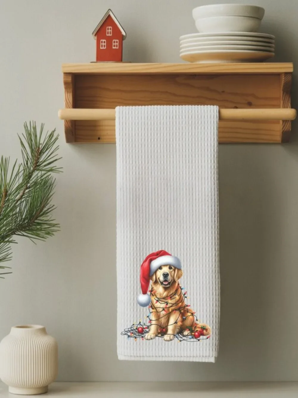 Golden Retriever Christmas Lights Decorative Kitchen Tea Towel